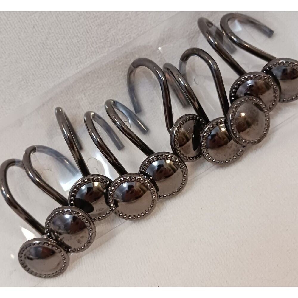 10 Shower Curtain Hooks LUXE Decor Button Style Polished Gunmetal Dark PRETTY!